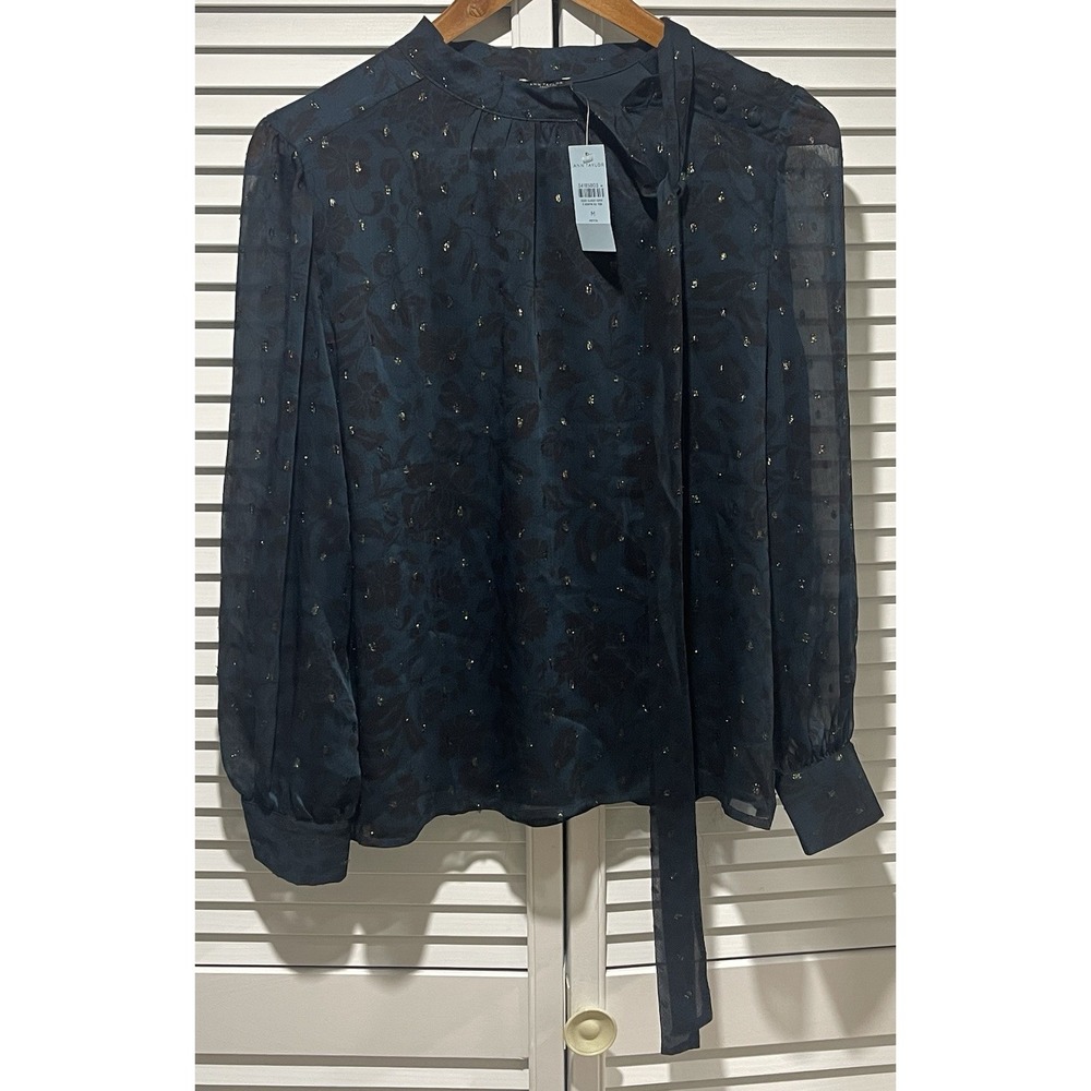Ann Taylor Blouse Womens Petite Medium Navy Tie Neck Sheer Jacquard Metallic Dot